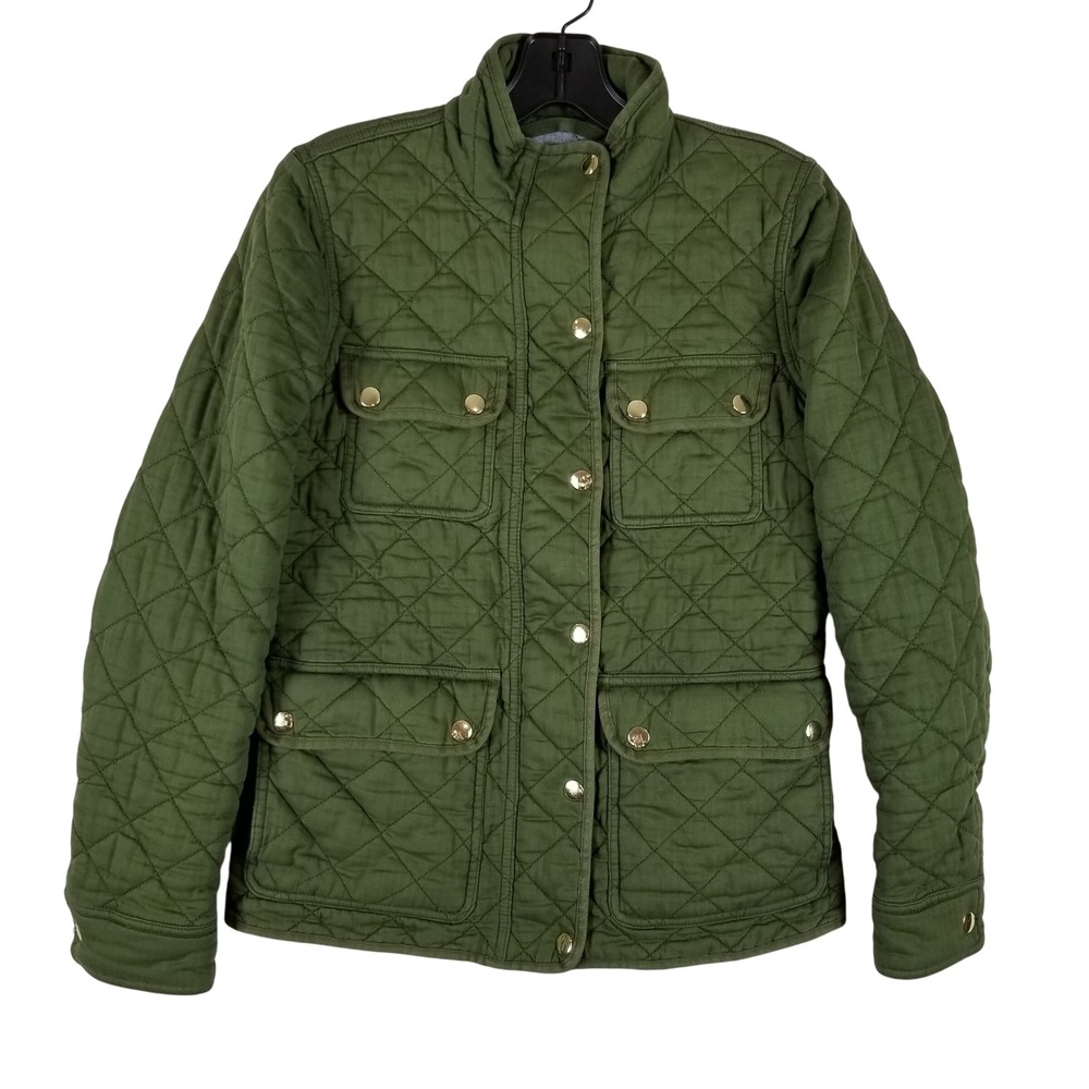 J.Crew Quilted Field Jacket Womens XS Olive Green Gold Snap Cotton Barn Coat